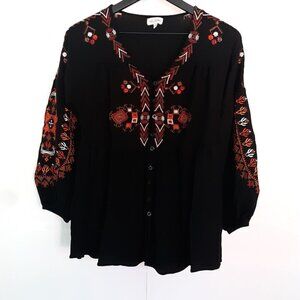 Velzera Bohemian Tribal Embroidery Long Sleeves Women's Button Down Blouse S